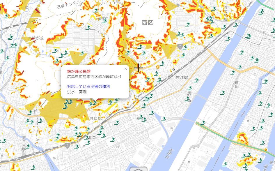 洪水・高潮に対応した避難所の位置を示す地図