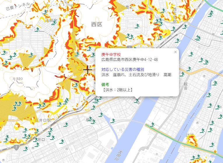洪水・崖崩れ・土砂災害および地すべり・高潮」に対応した避難所の位置を示す地図