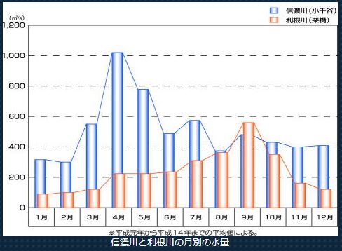 しなり側と利根川の月別の水量のグラフ